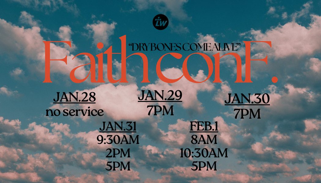 Airborne church service schedule with dates and times against a blue sky background.