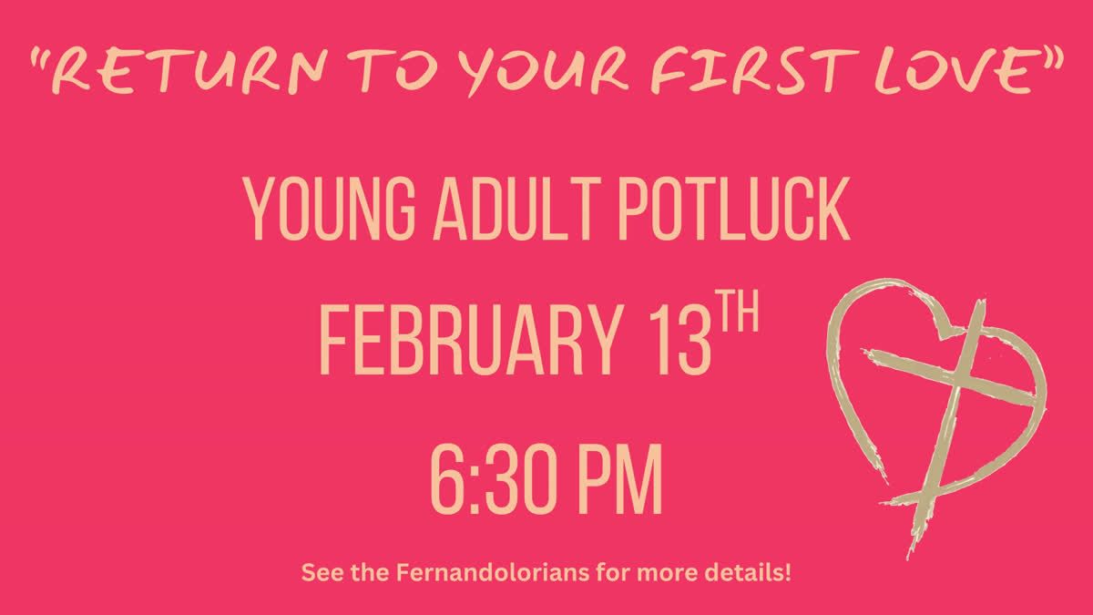 Announcement for a young adult potluck on February 13th at 6:30 PM.
