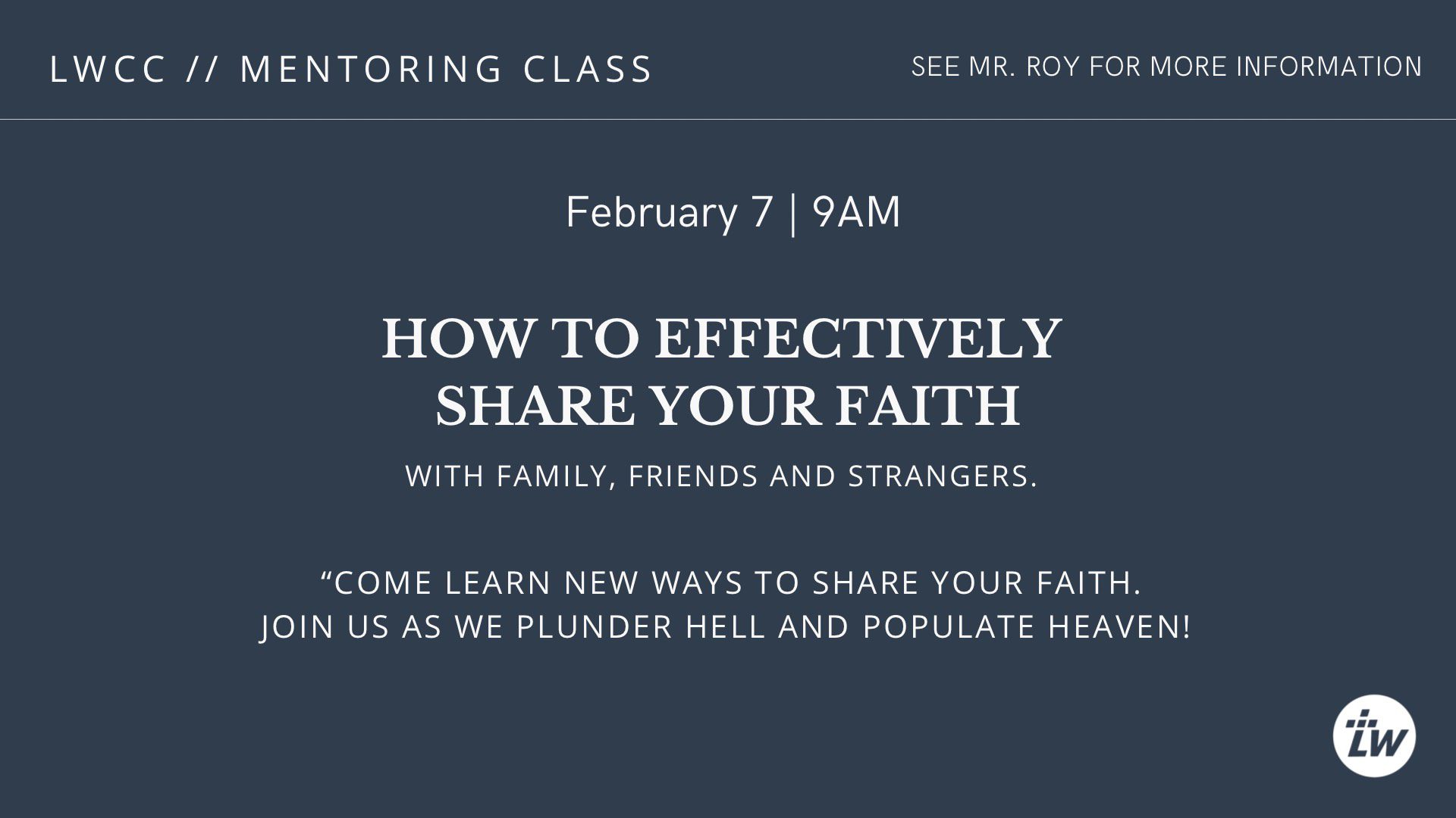 Announcement for a faith-sharing mentoring class on February 7 at 9 AM.